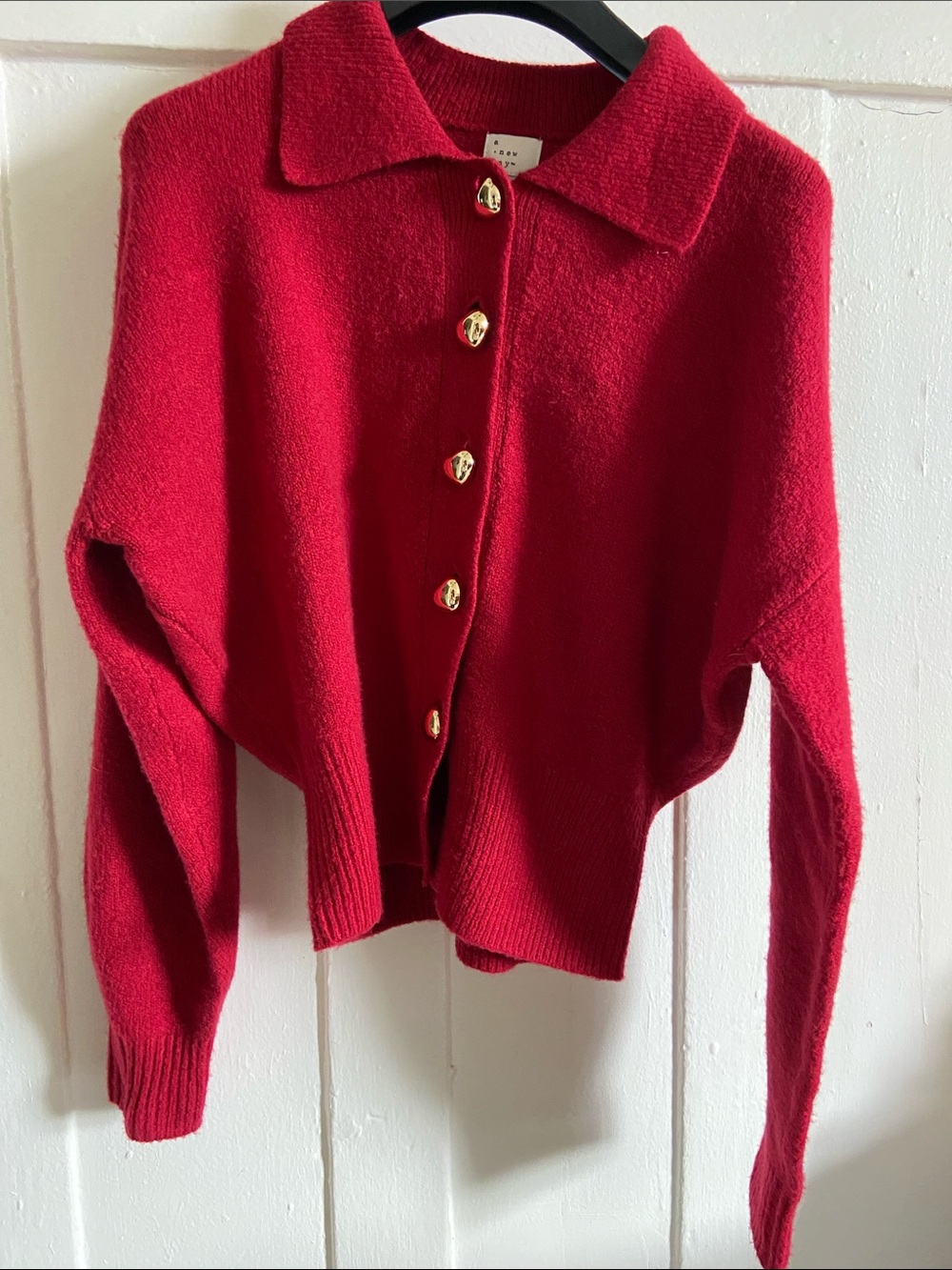 A New Day Red Collared Button-Front Cardigan with Gold Heart Buttons